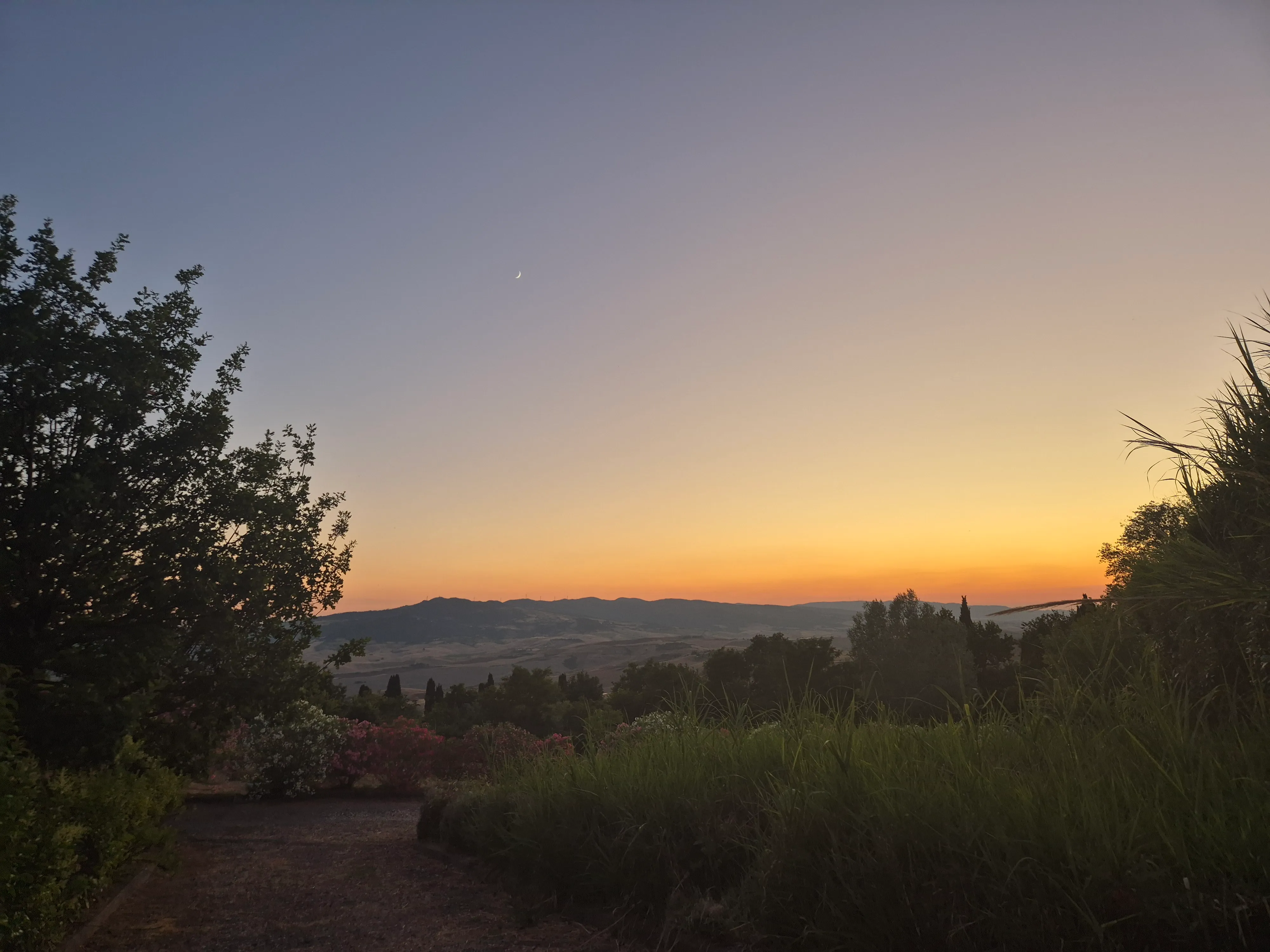 A garden path overlooking rolling hills at sunset